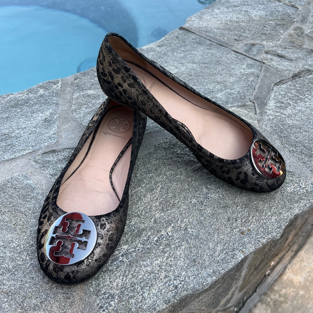 Tory Burch Leopard Print Flats with Silver and Red Accents